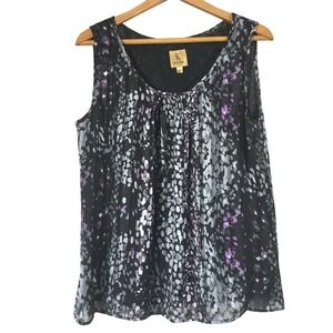 Kasper Black Purple Grey Sheer‎ Dot Print Overlay Sleeveless Blouse Top Size L